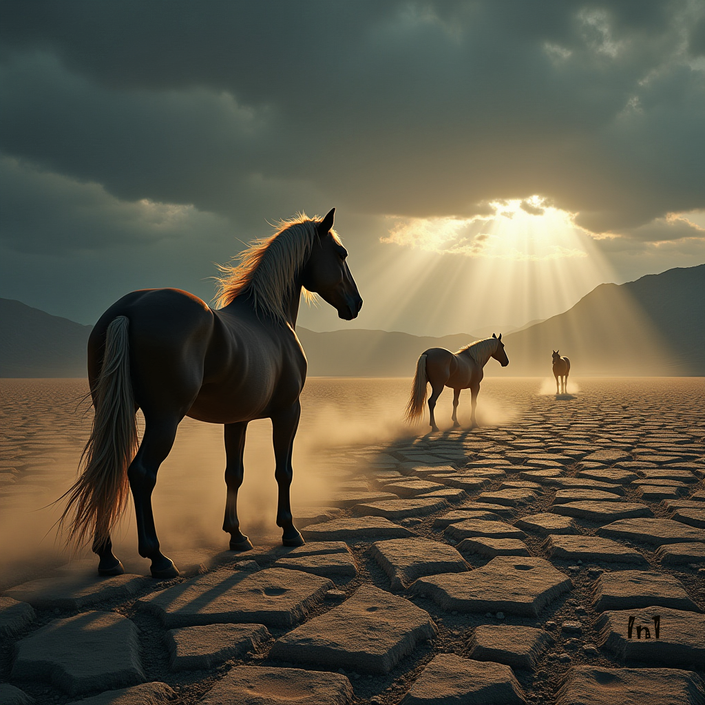 Horses standing on a desert landscape with sunbeams.