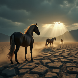 Horses standing on a desert landscape with sunbeams.