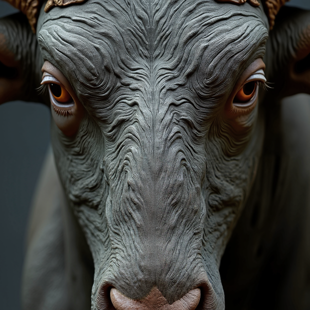Close-up of a ram's face with detailed texture and large horns on a dark background