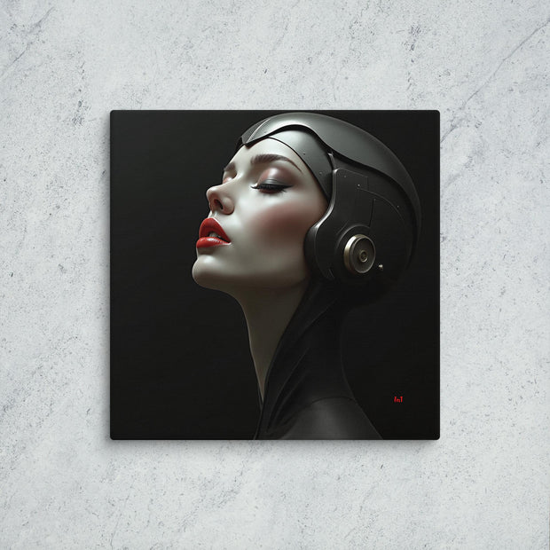 Artistic depiction of a woman wearing futuristic headphones on a textured gray background