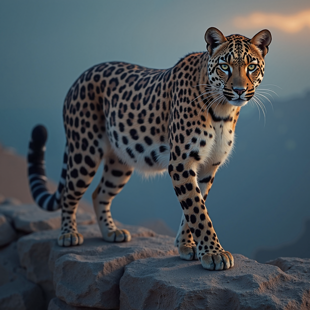 Arabian Leopard standing on a rock wall with a sunset or sunrise in the background
