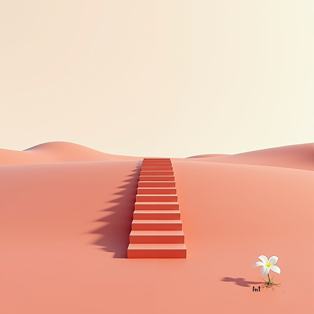 Red steps leading into a pink desert with a white flower