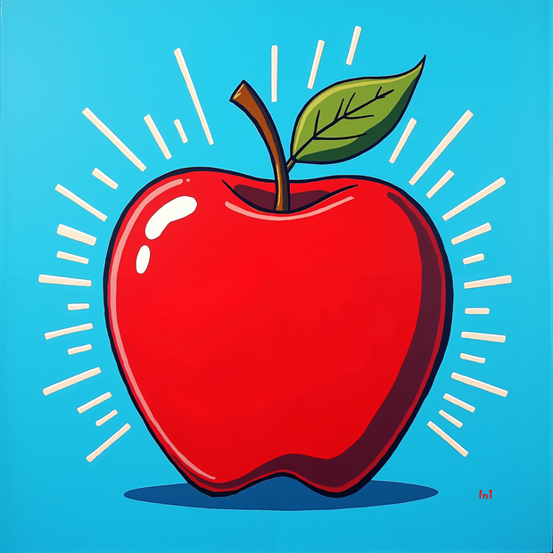 Vibrant red apple with a green leaf on a blue background