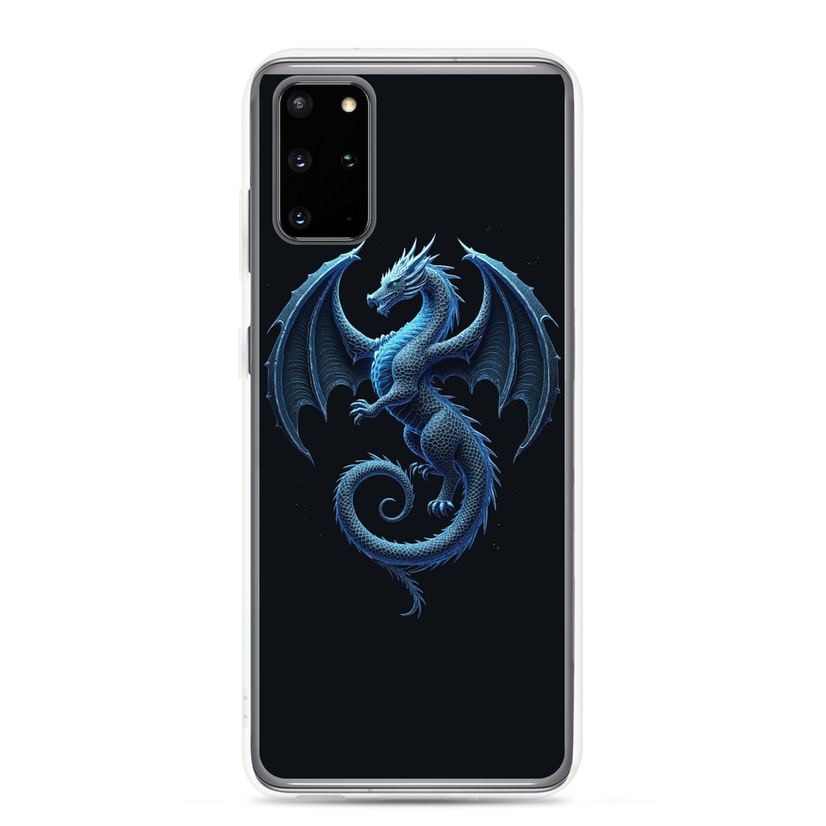 A clear phone case with a printed blue dragon design on a black background, shown on a phone against a plain white studio background.