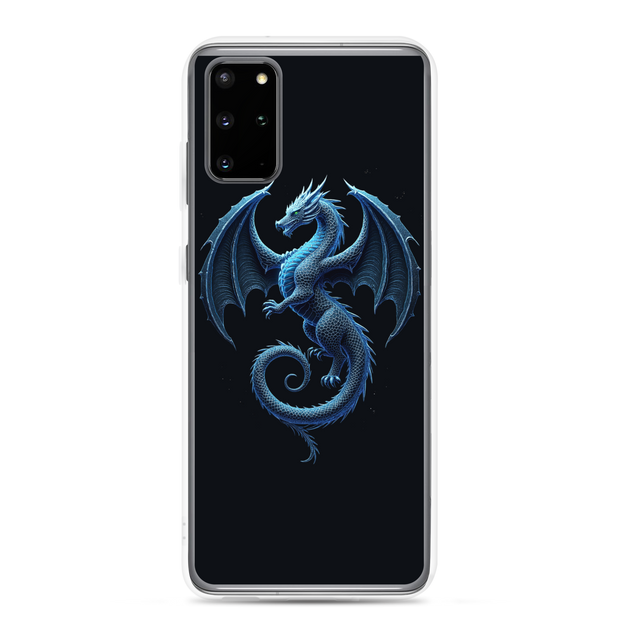 A clear phone case with a printed blue dragon design on a black background, shown on a phone against a plain white studio background.