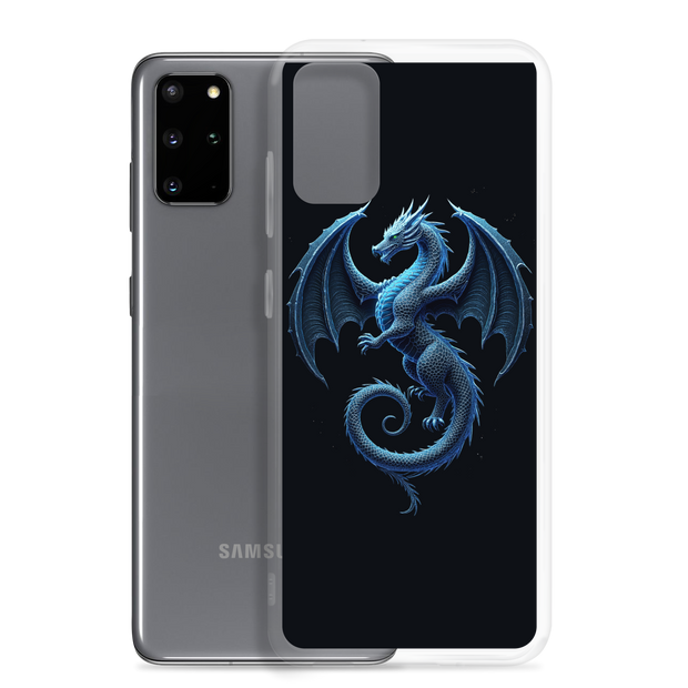 A clear phone case shown on a gray Samsung smartphone, with a printed blue dragon design on a black background on the back of the case.