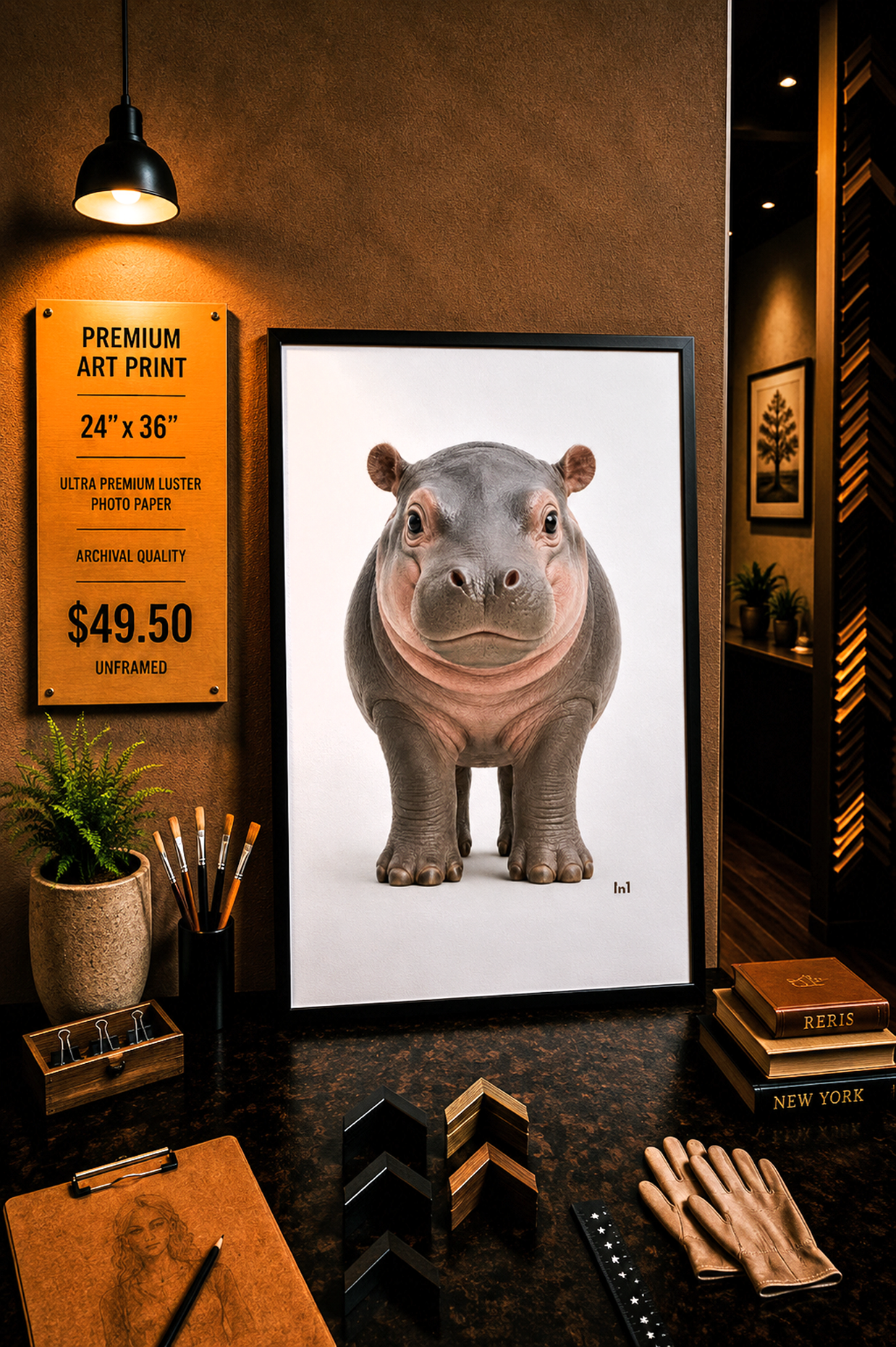 Baby Hippo - Premium Art Print - 24"w x 36"h