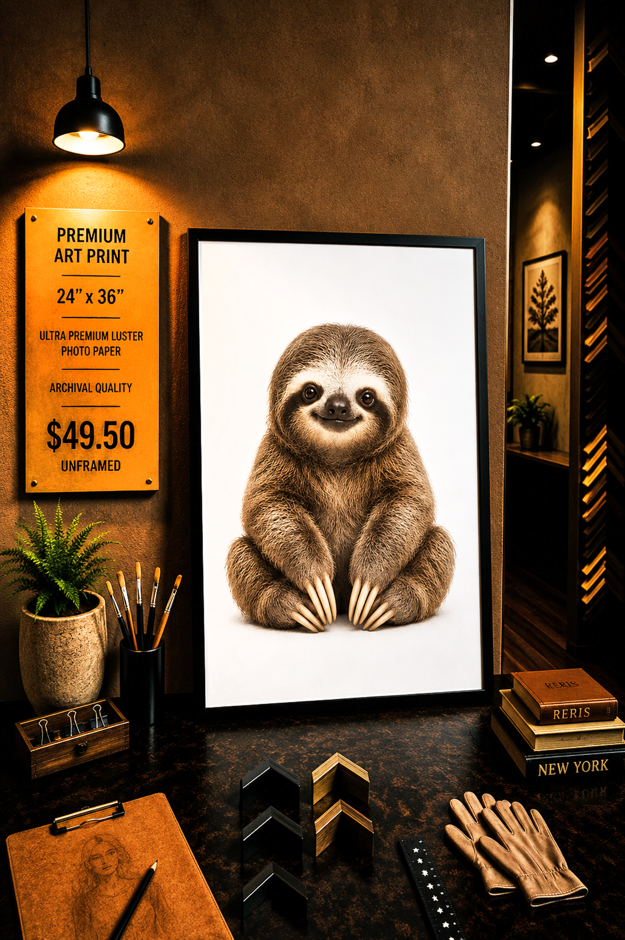 Baby Sloth - Premium Art Print - 24"w x 36"h