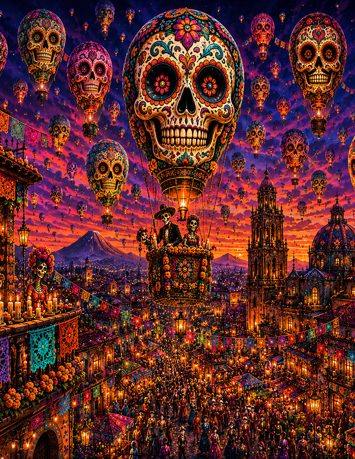 A vibrant, highly detailed fantasy illustration of a festive city scene at sunset, featuring a giant decorative sugar skull hot air balloon, smaller matching balloons in the sky, and a crowded street below with illuminated buildings and historic architecture.