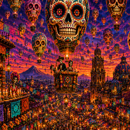 A vibrant, highly detailed fantasy illustration of a festive city scene at sunset, featuring a giant decorative sugar skull hot air balloon, smaller matching balloons in the sky, and a crowded street below with illuminated buildings and historic architecture.
