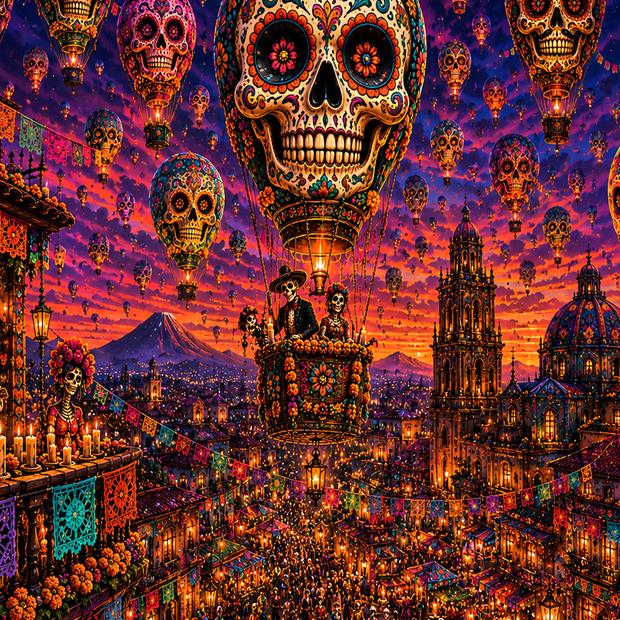A vibrant, highly detailed fantasy illustration of a festive city scene at sunset, featuring a giant decorative sugar skull hot air balloon, smaller matching balloons in the sky, and a crowded street below with illuminated buildings and historic architecture.