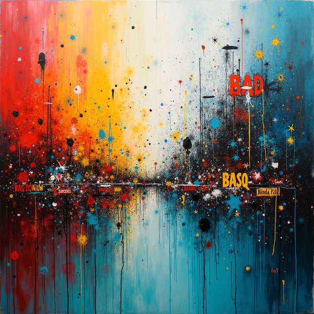 Abstract painting with colorful splashes and text on a blue background