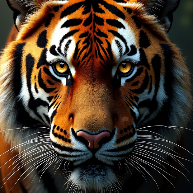 Close-up of a tiger's face with detailed stripes and eyes.