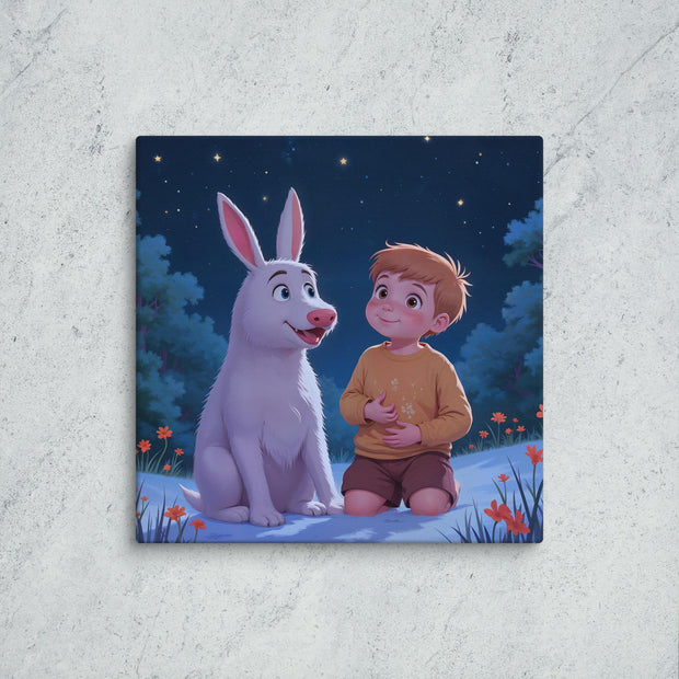Canvas print of a cartoon rabbit and child sitting together with a night sky background.