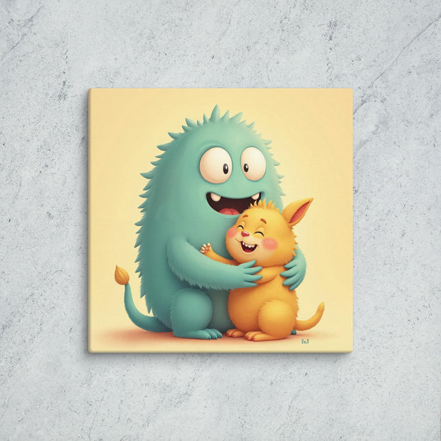 Cartoon illustration of a large blue creature hugging a small yellow creature on a beige background.