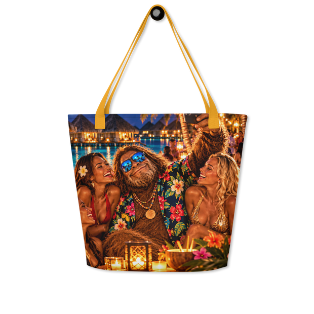 A tote bag with mustard yellow handles, featuring a printed tropical resort scene with three women and Bigfoot in a floral shirt, set against a plain white background.