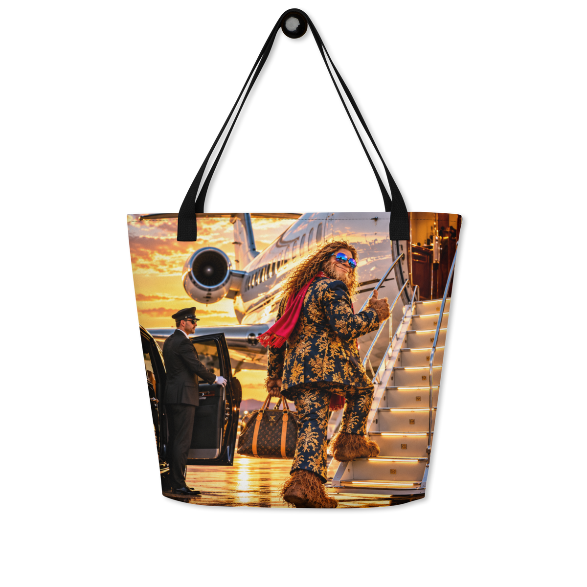 A tote bag with black shoulder straps, featuring a large printed graphic of Bigfoot  in a patterned suit boarding a private jet on the tarmac at sunset.