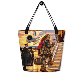 A tote bag with black shoulder straps, featuring a large printed graphic of Bigfoot  in a patterned suit boarding a private jet on the tarmac at sunset.
