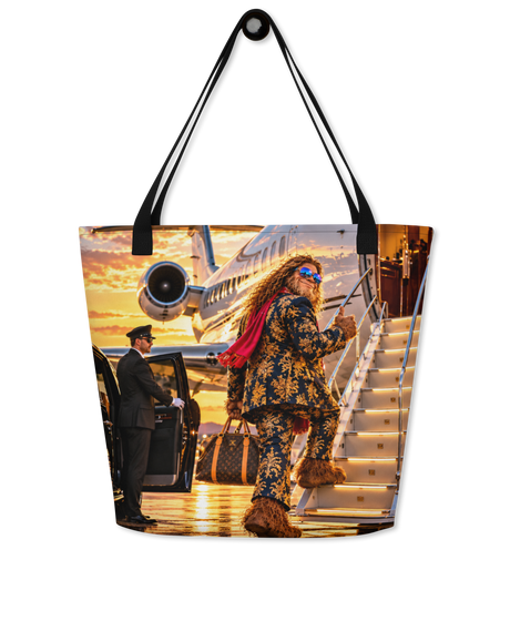 A tote bag with black shoulder straps, featuring a large printed graphic of Bigfoot  in a patterned suit boarding a private jet on the tarmac at sunset.