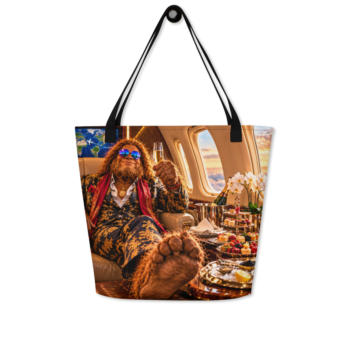A tote bag with black shoulder straps, featuring a graphic of Bigfoot in a luxurious airplane cabin holding a champagne flute.