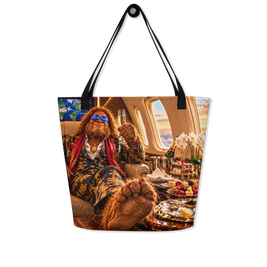 A tote bag with black shoulder straps, featuring a graphic of Bigfoot in a luxurious airplane cabin holding a champagne flute.