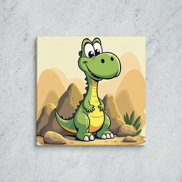Cartoon dinosaur on a beige background with mountains