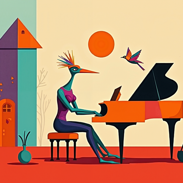 Colorful illustration of a creature playing a piano with a house and sun in the background.
