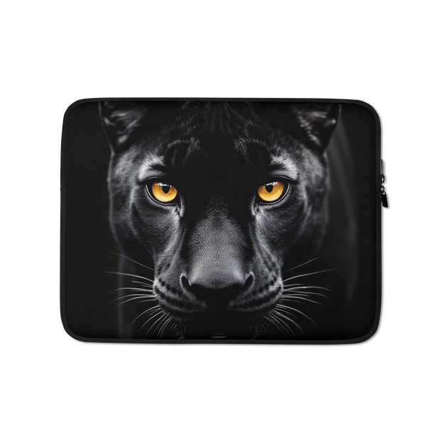 A black laptop sleeve featuring a graphic print of a black panther with glowing yellow eyes, shown against a plain white background.