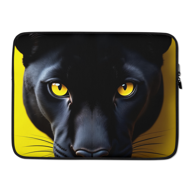 A laptop sleeve featuring a graphic print of a black panther's face with bright yellow eyes on a yellow background, shown against a plain white background.