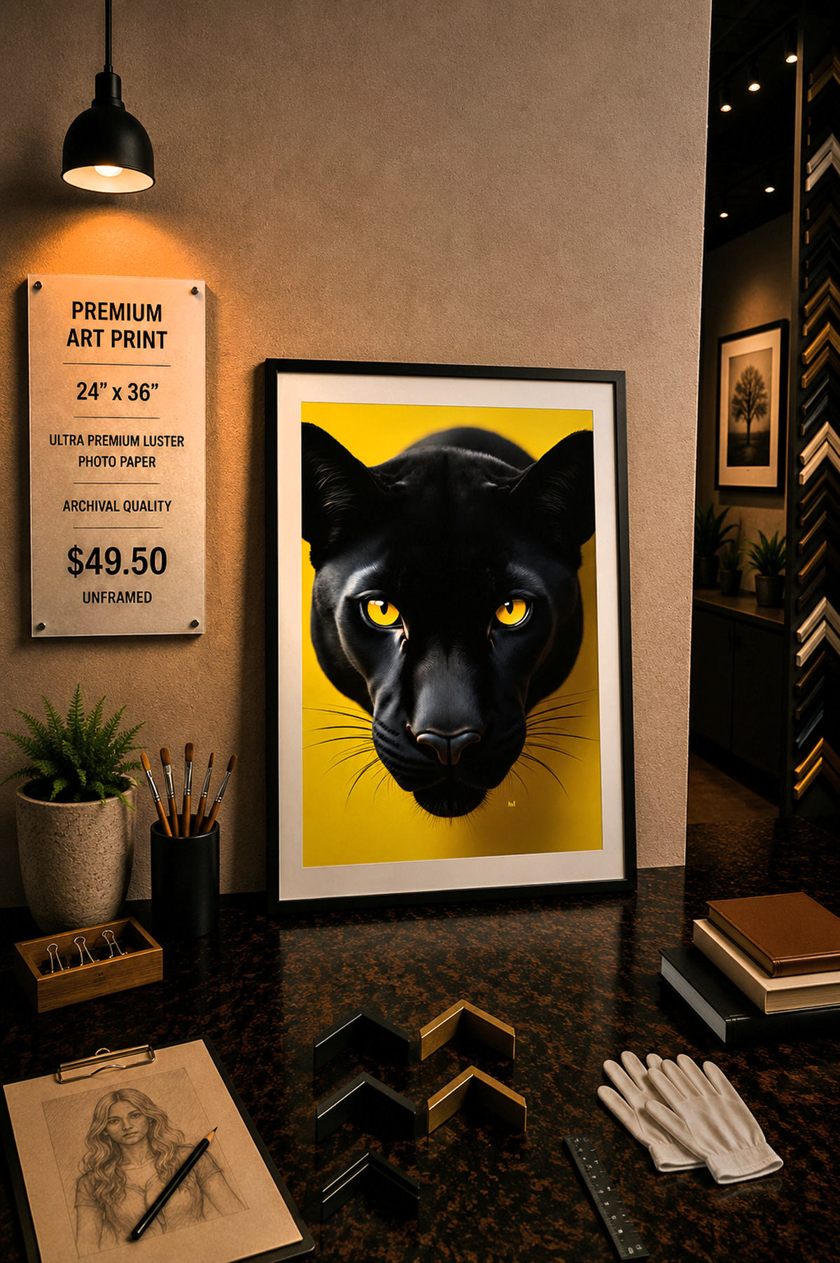 Framed black panther art print on a wall in an art store.