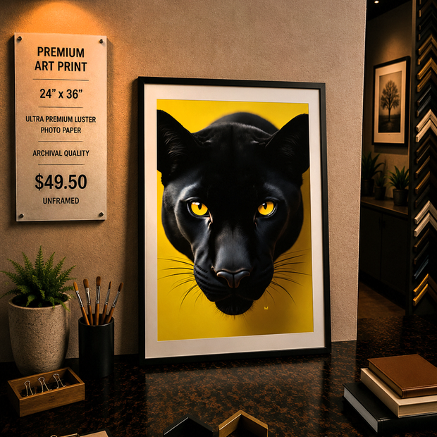 Framed black panther art print on a wall in an art store.