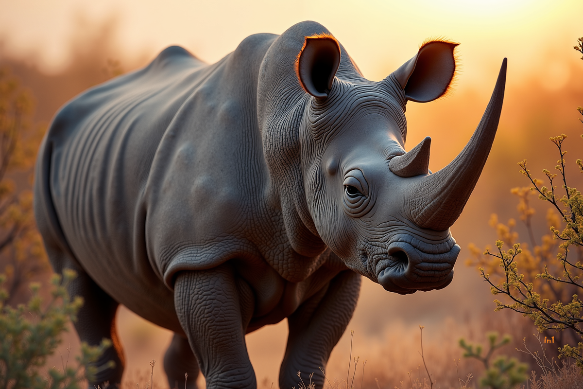 Black Rhinoceros standing in a natural setting with a warm, blurred background