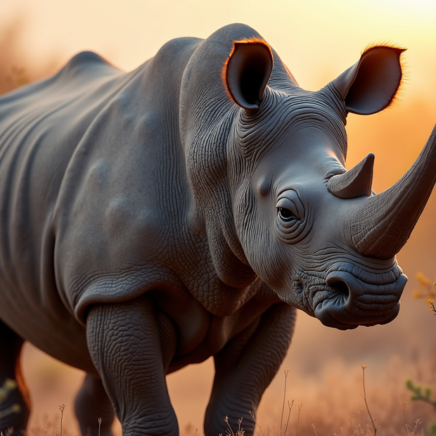 Black Rhinoceros standing in a natural setting with a warm, blurred background