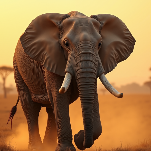 Elephant walking in a savannah with a warm, sunset-like sky.