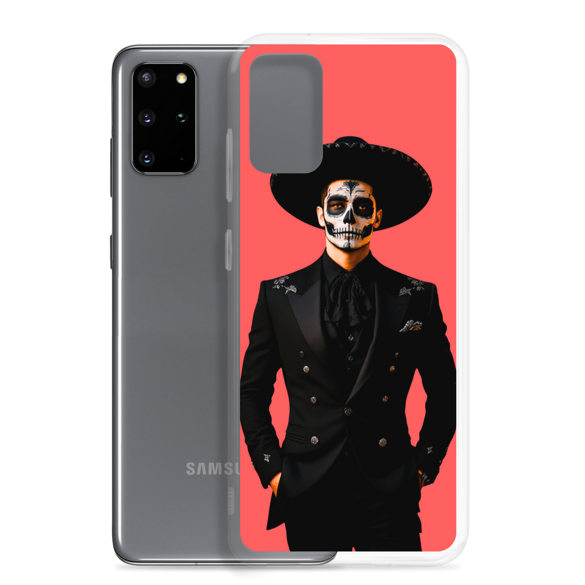 A clear Samsung Galaxy phone case with a printed graphic of a man in a black suit and sombrero against a coral red background, shown on a gray phone.