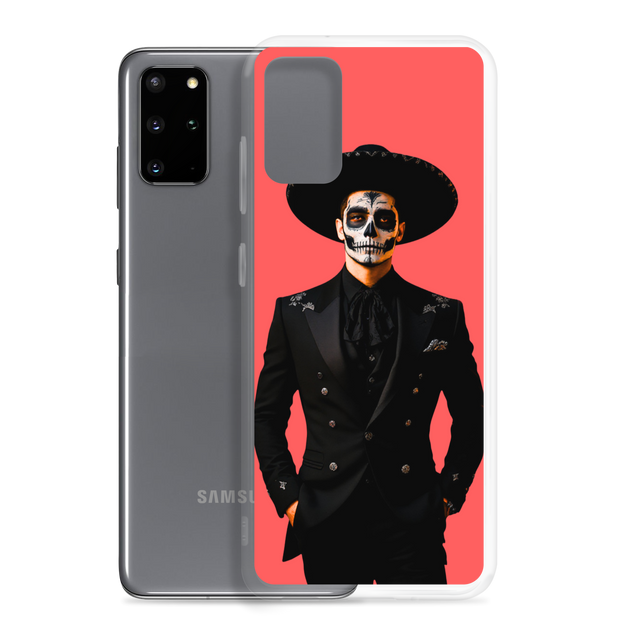 A clear Samsung Galaxy phone case with a printed graphic of a man in a black suit and sombrero against a coral red background, shown on a gray phone.