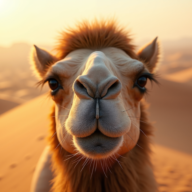 Camel's face in a desert landscape with warm tones
