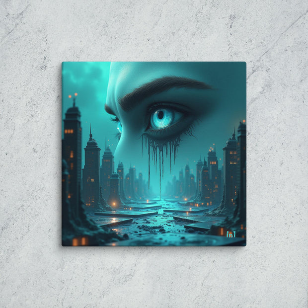 Artistic depiction of a cityscape with a large face and glowing green eyes, on a textured wall background.