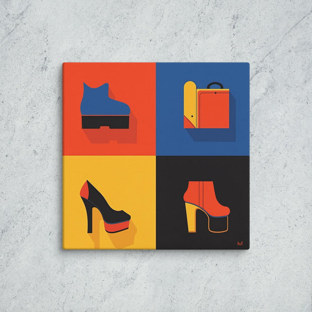 Colorful abstract art print of shoes on a textured wall.