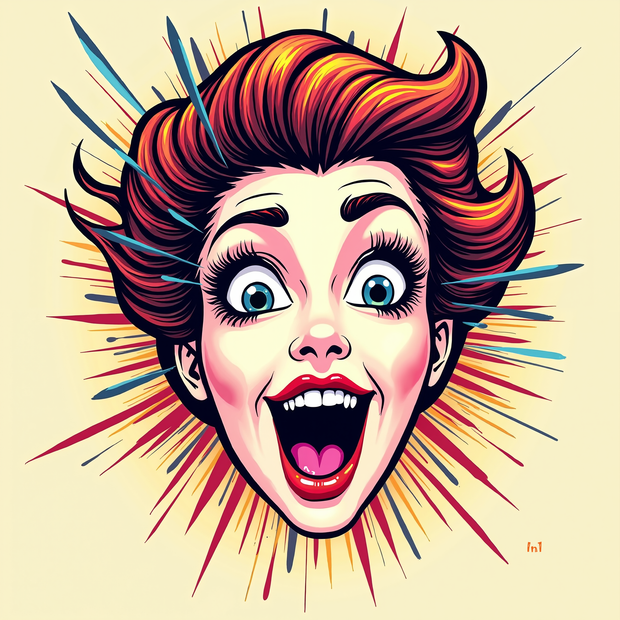 Illustration of a woman's face with exaggerated expression and colorful red hair on a beige background