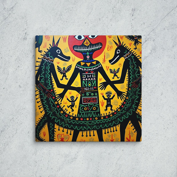 Colorful ancient Indian symbols depicting two conjoined crocodiles with abstract designs on a textured yellow surface