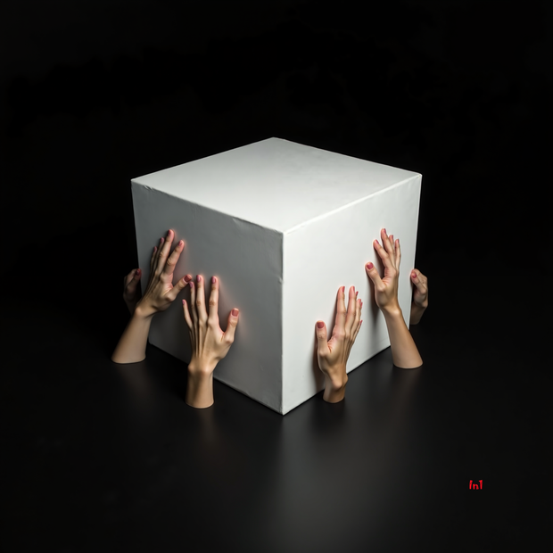 White cube with hands on a black background