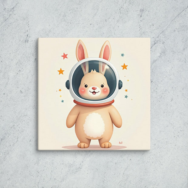 Illustration of a bunny in an astronaut helmet on a light background