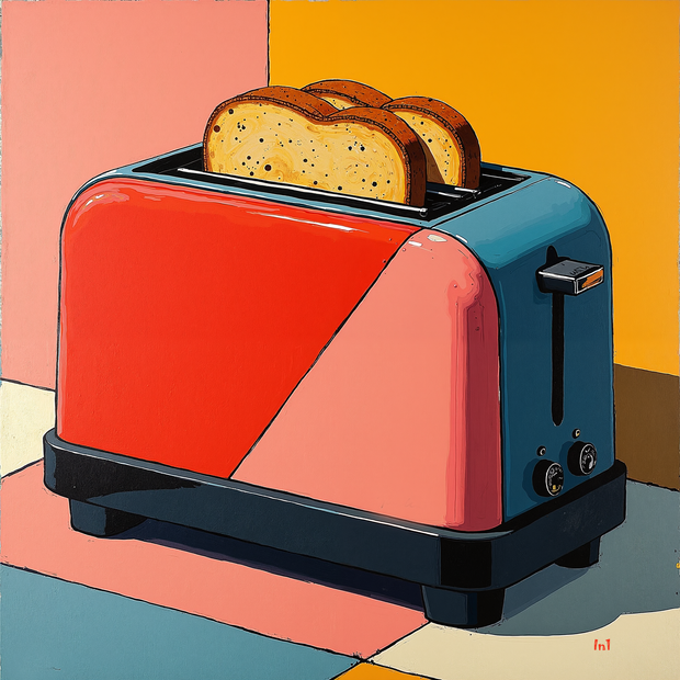 Colorful toaster with slices of bread on a geometric background