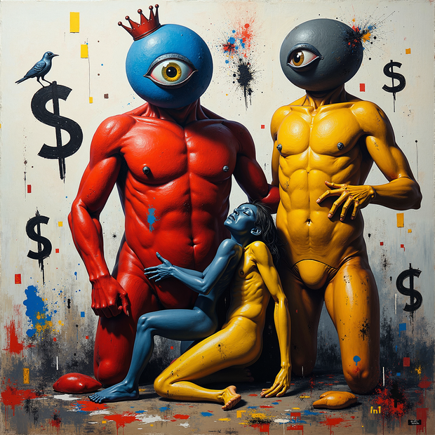 Colorful abstract artwork with muscular figures and dollar signs.