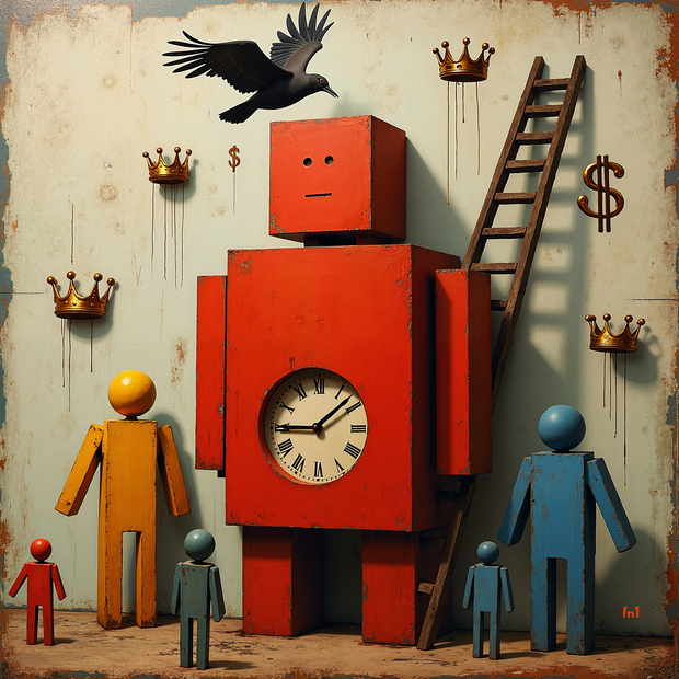 Vintage-style scene with a red robot clock, wooden figures, crow, and decorative elements on a textured wall.
