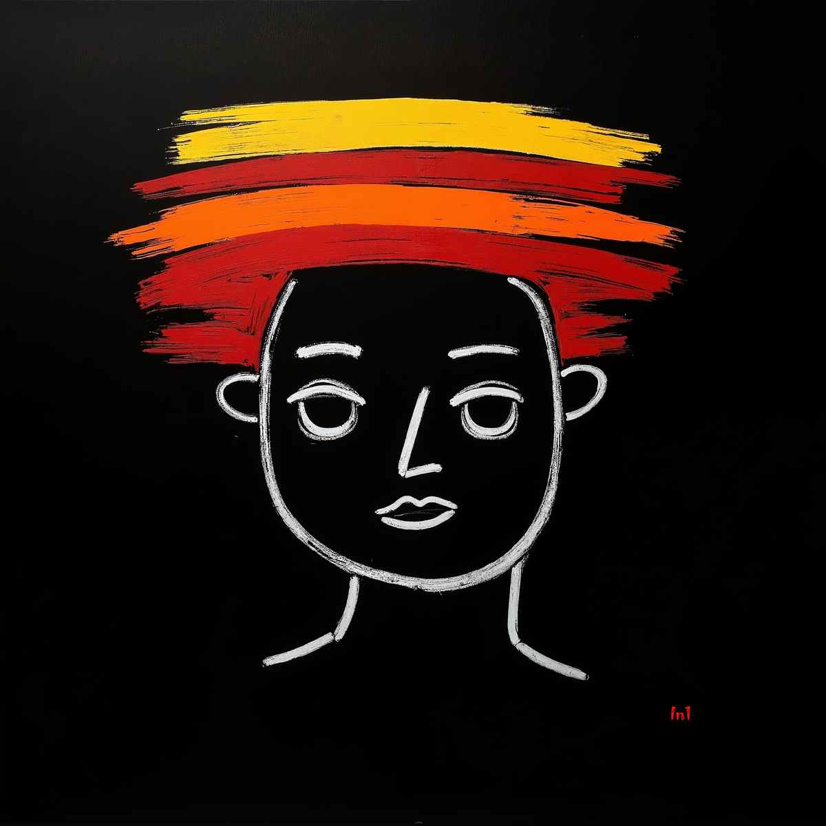 Simplified line drawing of a face with a colorful, abstract hairstyle on a black background.