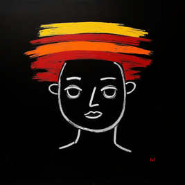 Simplified line drawing of a face with a colorful, abstract hairstyle on a black background.