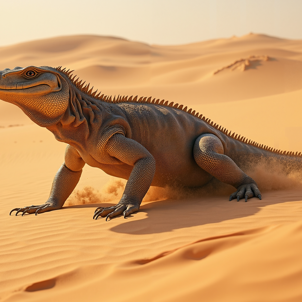 Desert Monitor iguana on sand dunes with a warm color palette