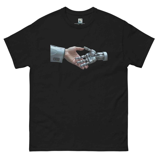 Black t-shirt with a graphic of a hand shaking hands with a robot hand on a white background